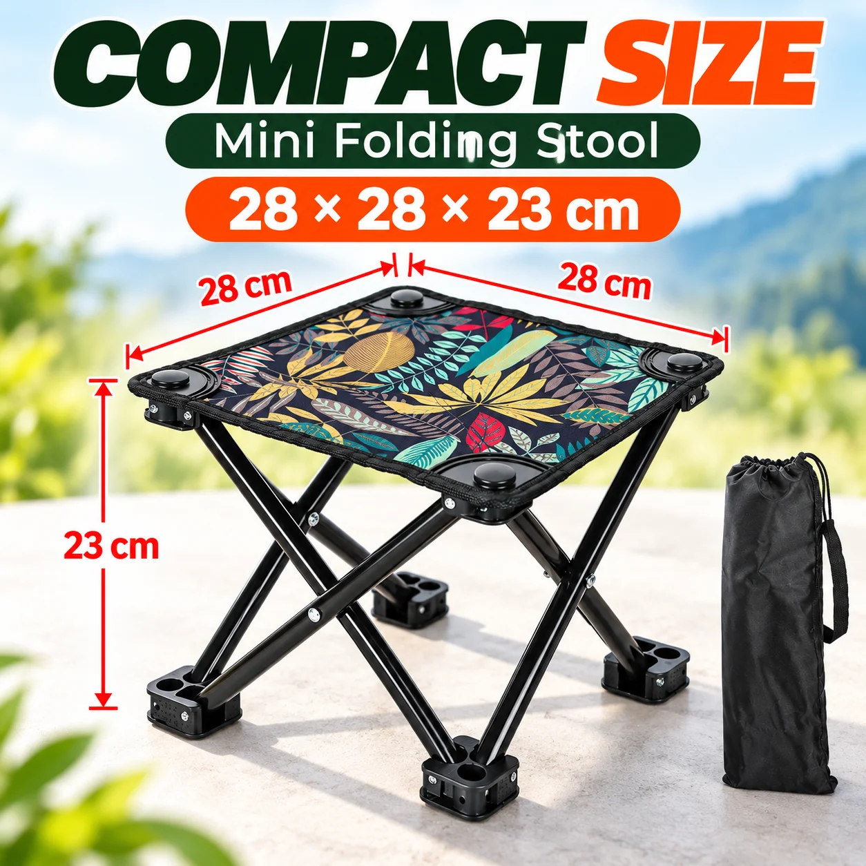 Portable Folding Camping Stool 28x28cm Leaf Print Oxford Cloth Lightweight Mini Seat for Fishing Picnic Travel with Carry Bag