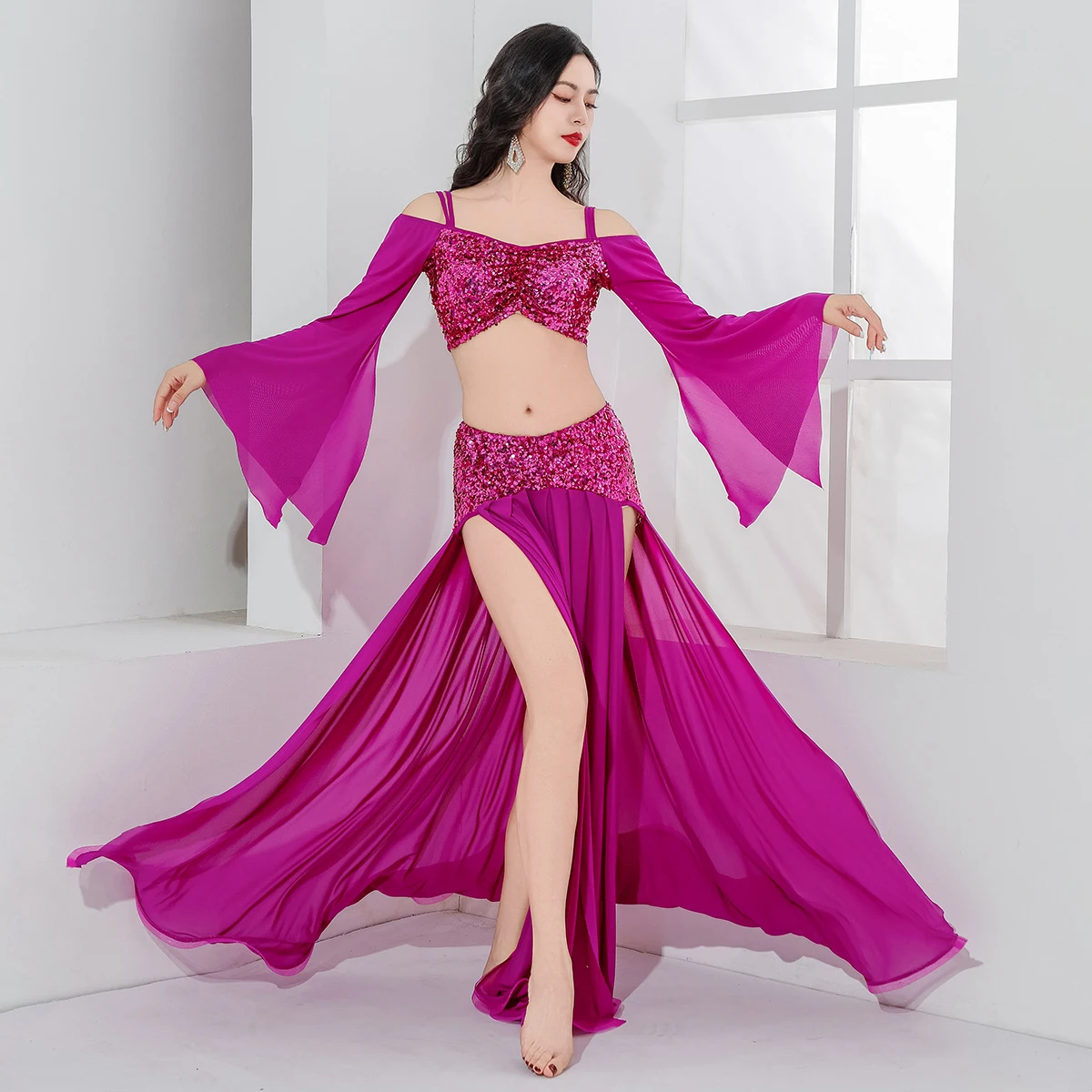 Oriental Belly Dance Costumes Sequins Top Long Skirt Women Belly Dance Practice Suit Peforessional Bellydance Outfits Women image 4