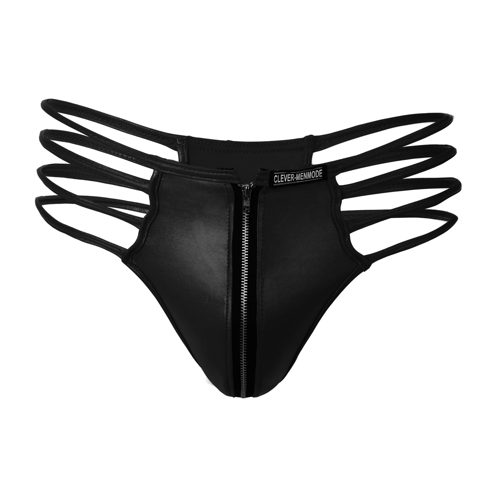 Faux Leather Men Sexy Thongs Underwear Zipper Pouch Open Thong Man Strappy Panties Underpants