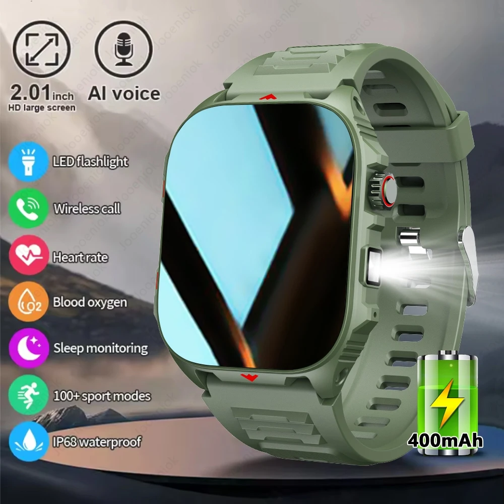 

400 mAh Rugged Military Smart Watch with LED Flashlight HD Screen Bluetooth Call Waterproof Outdoor Smartwatch 2025 New