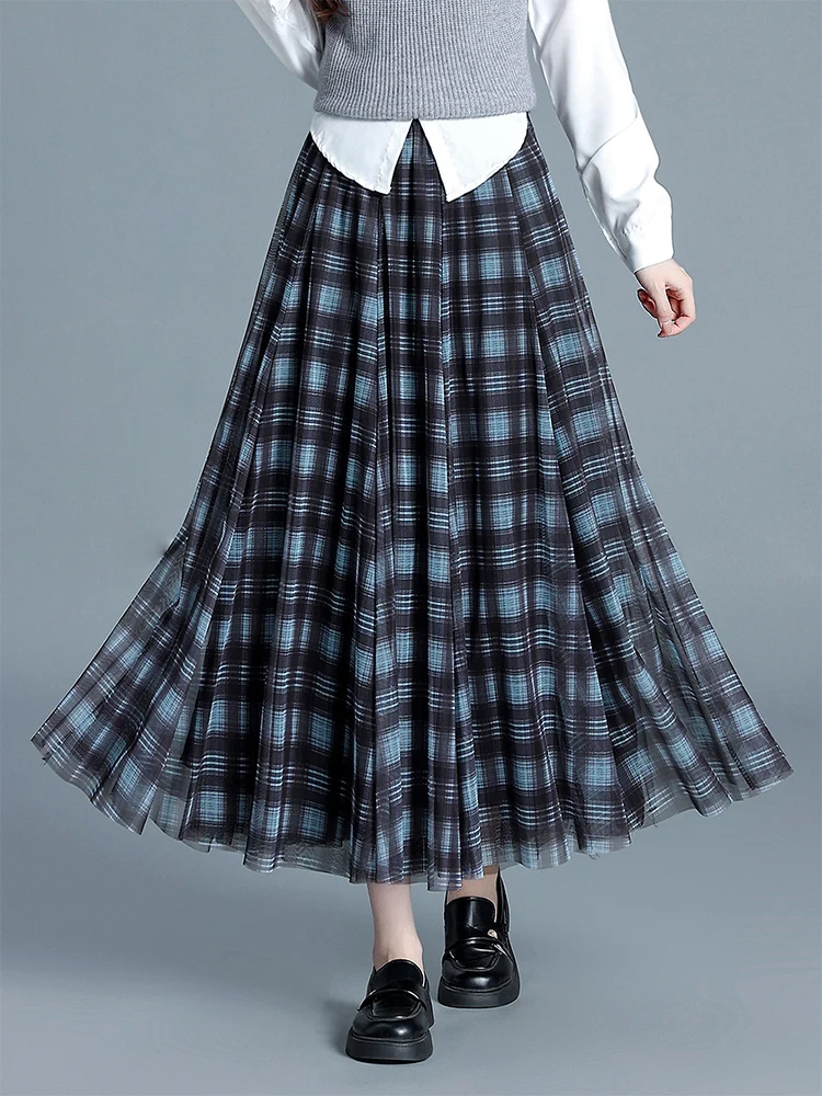

ZUZK Fashion Preppy Style Mesh Skirt Autumn Both Sides Wear Elastiy Waist Temperament Pleated Skirt Hot Fix Popular Long Skirt