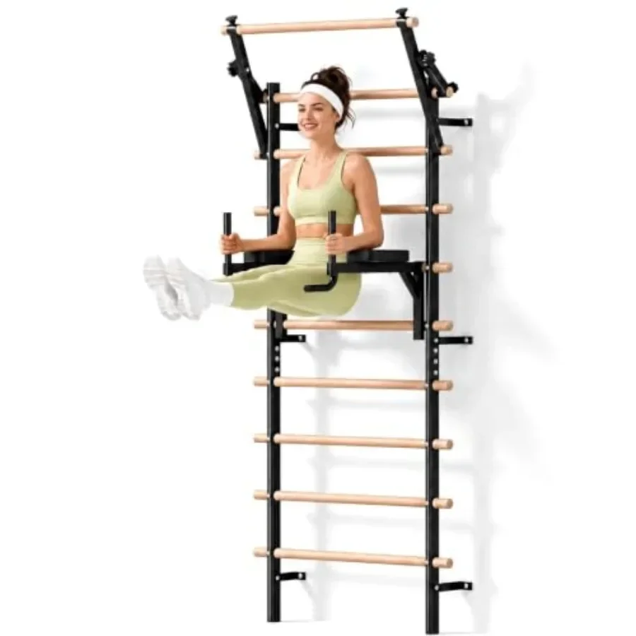 Swedish Ladder Wall Gym for home fitness, powder-coated steel, matte black, adjustable pull-up and dip bar with 8 height settin