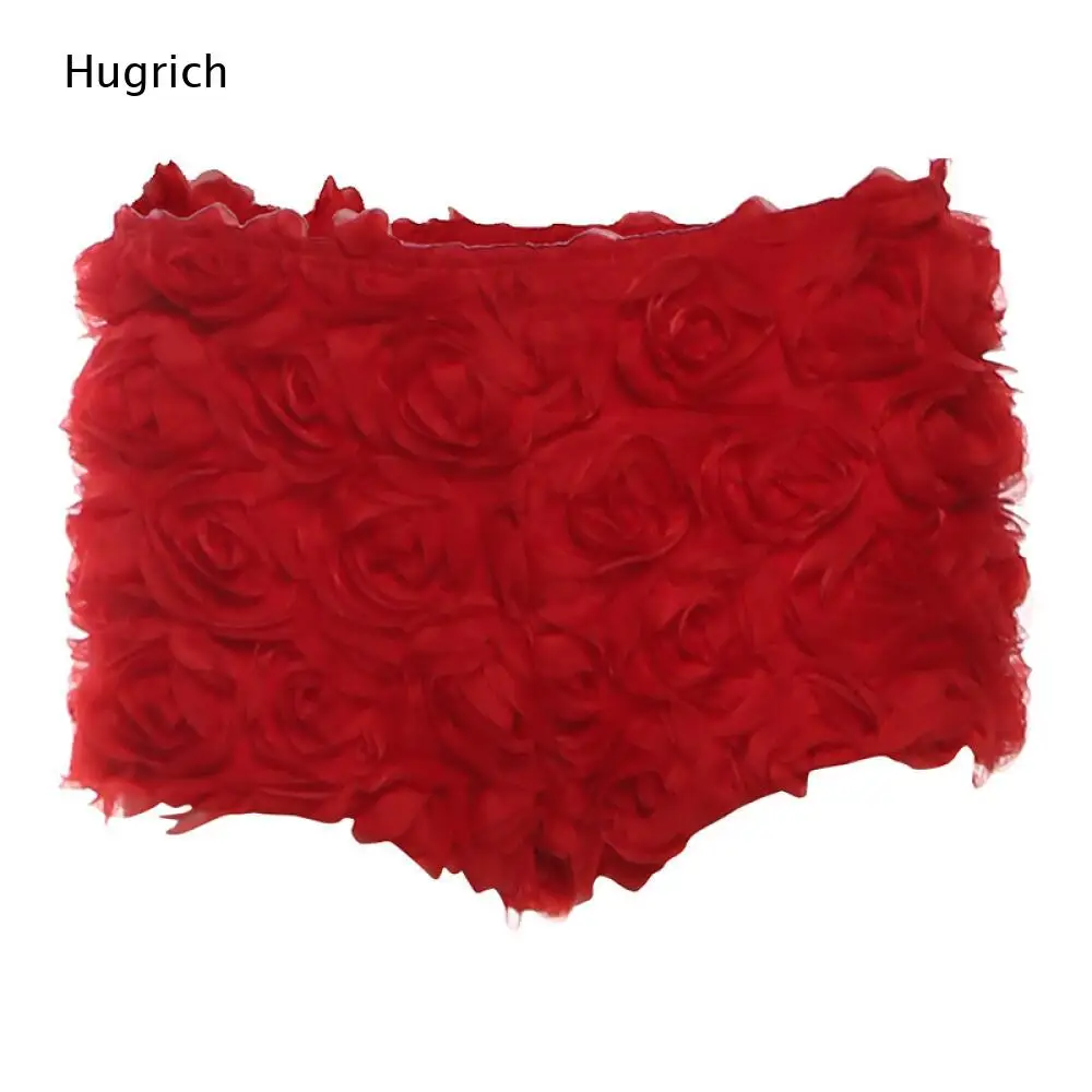 Elastic Waist Stereo Floral Mesh Shorts Women Red All Over 3D Rose Slim Bodycon Night Club Mini Bottoms