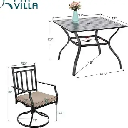 5-Piece Outdoor Patio Swivel Set Metal Dining Furniture Beige Cushion, 4 Steel Metal Swivel Patio Chairs & 1 Square Dining Table