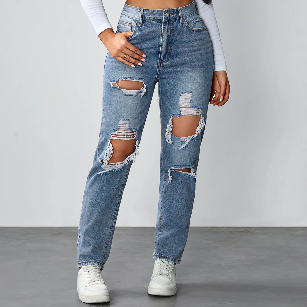 

Trendy Washed Casual Women's Jeans High Waist Loose Fit Elastic Denim Blue Straight Leg Jeans Teenage Youth Autumn Season