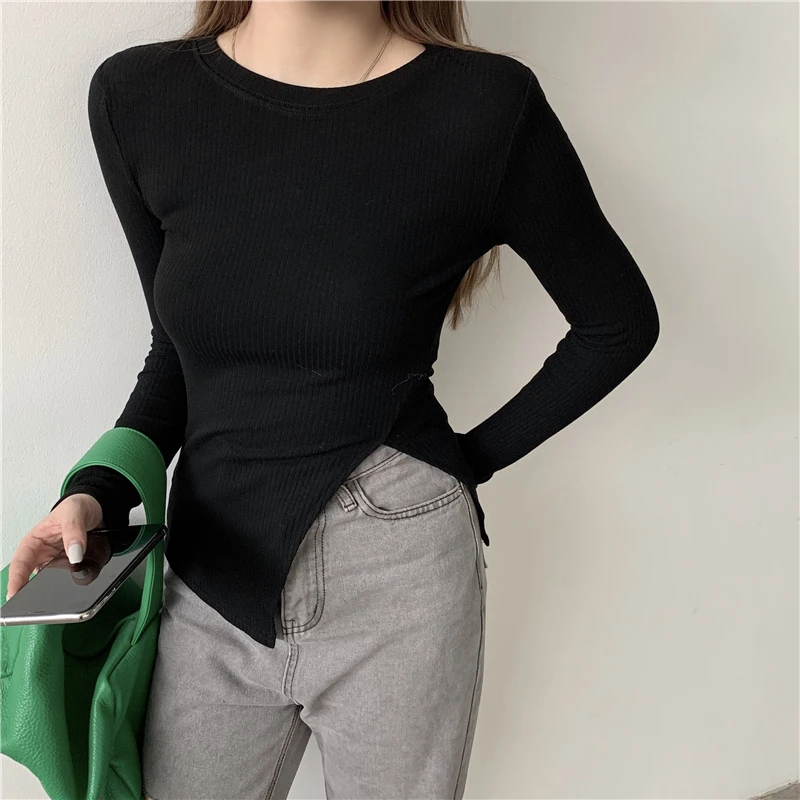Sweet Asymmetric Short Sleeve Women's T-shirt Ins Trendy Pleated Minimalist Design Long Sleeve Top Fashionable Crew Neck
