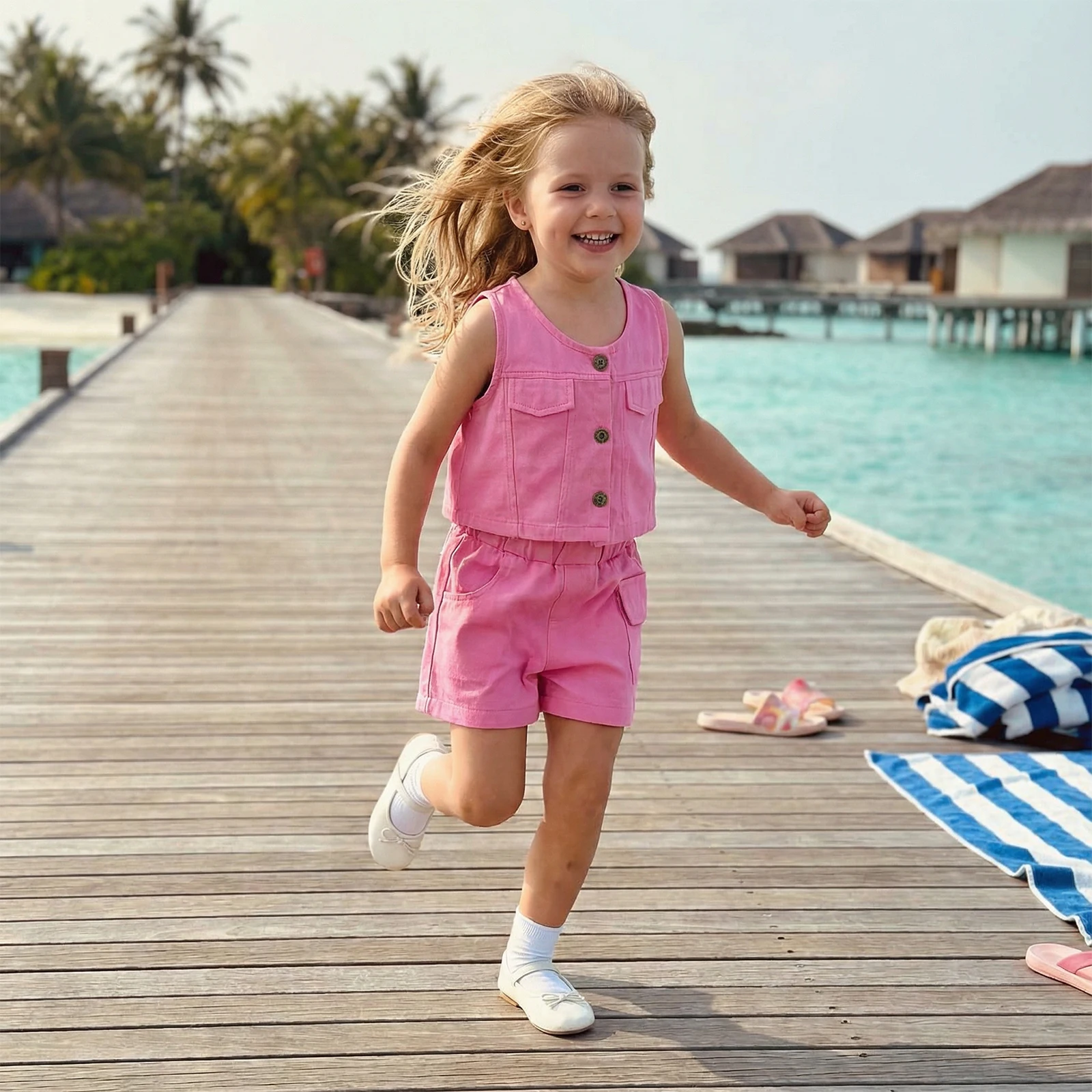 4-7Y Little Girl Summer Outfit Solid Color Sleeveless Button Crop Vest Tops Cargo Shorts 2 Piece Casual Kids Clothing Set