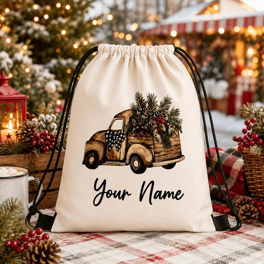 1Pc Christmas Custom Text/Name Drawstring Backpack, Xmas Party Gift Storage Pouch,Lightweight Sports Bag,Outdoor Travel Rucksack