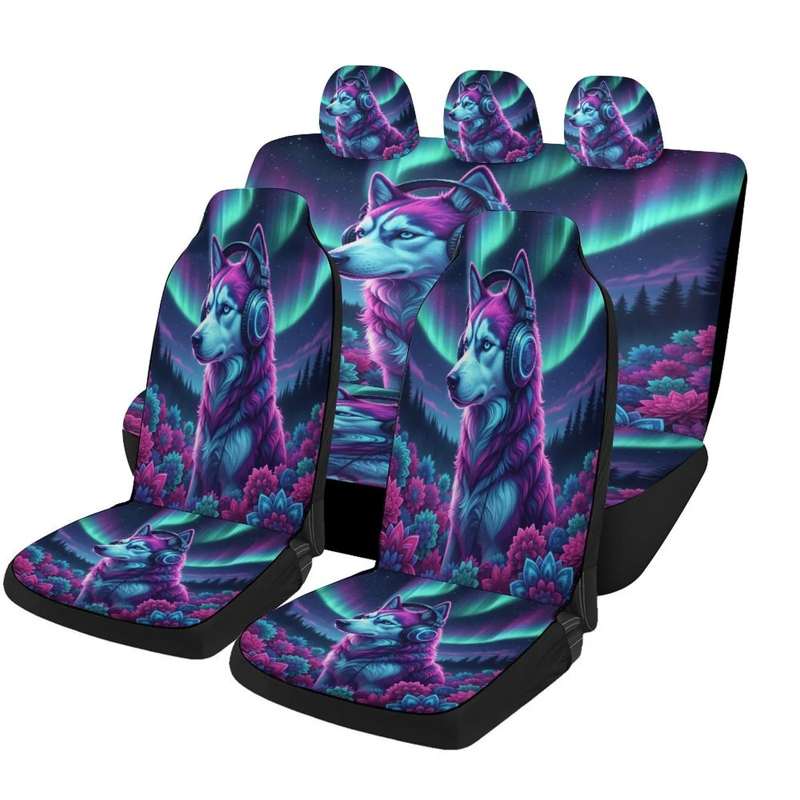 Aurora Wolf Harmony Themed Car Seat Cover Set - Vibrant Purple & Pink Wolf Design, Durable Polyester, Fit For Most Cars, Include