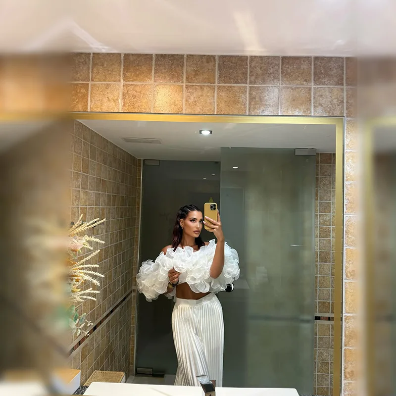 White 3D Floral Off Shoulder Crop Top Organza Ruffle Puff Short Sleeve Strapless Tube Blouse Women Elegant Romantic Blouse Top view 4