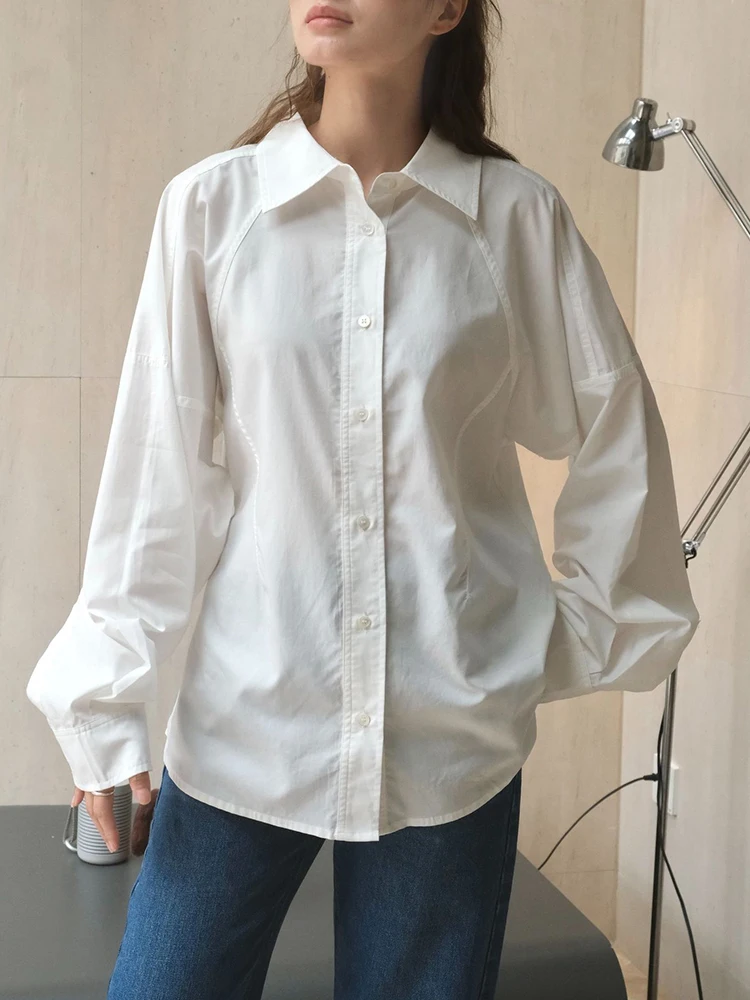 [LANMREM] Office Lady Gathered Waist Women Shirt Lapel Single Breasted Long Sleeve White Blouse 2024 Autumn New Top 26D9786