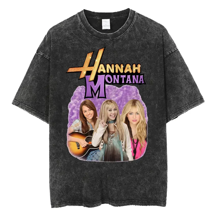 Mens Clothes Tee Shirt Washed Graphic T-Shirts Men Tshirt for Men Ropa Hombre Miley Cyrus Hannah Montana Logo Short Sleeved image 3