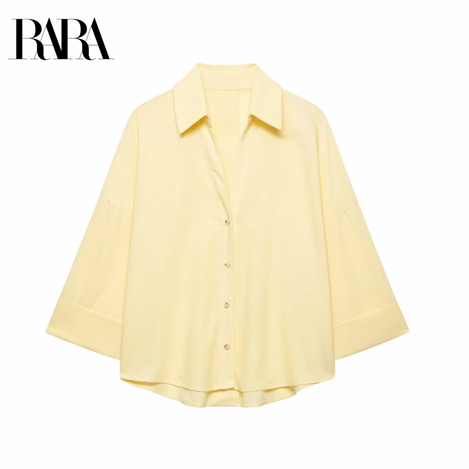 

RARA Women's Summer New Casual Loose Collared 3/4 - Sleeve Linen - Blend Shirt Top With Wide Sleeve Design