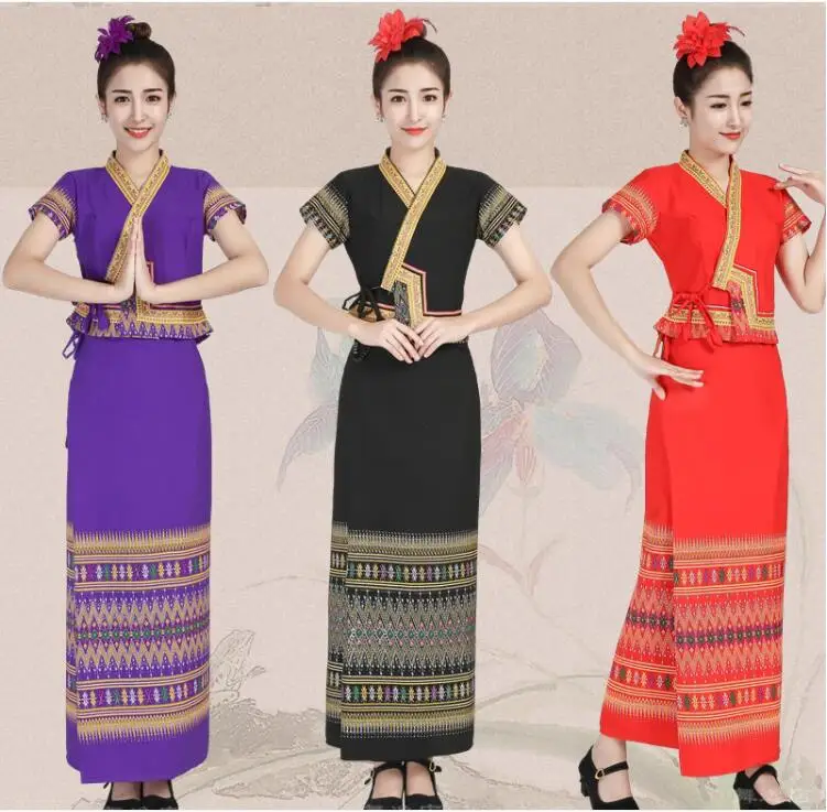 Ensemble de vêtements ethniques Dai pour femmes, vêtements de travail de restaurant, jupe enveloppée thaïlandaise, jupe tubulaire