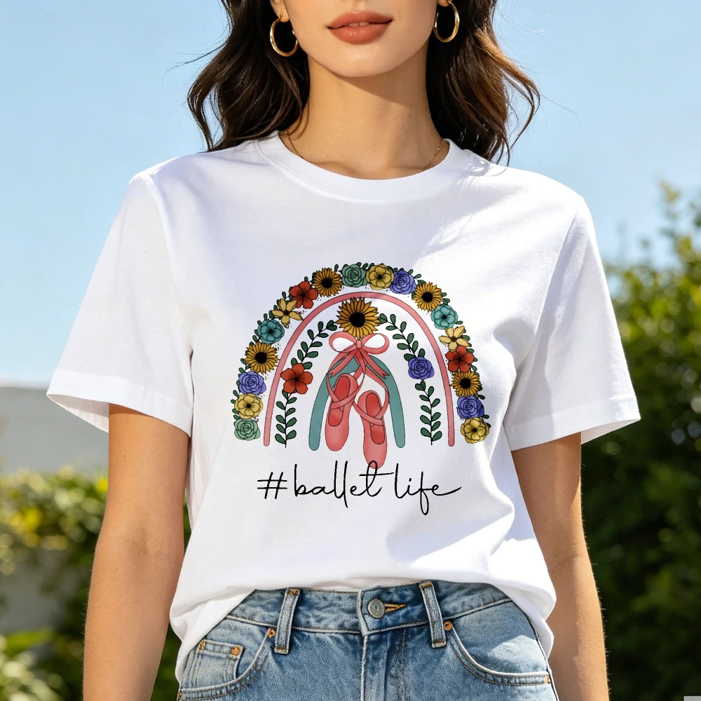 #balletlife Floral Rainbow Ballet Shoes T-Shirt Dance Gift Trendy Ballet Life Floral Rainbow Graphic Tee Dance Lover Casual Tops