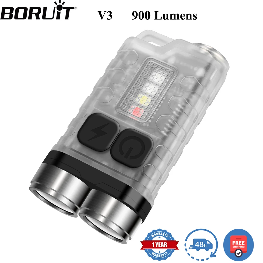 BORUiT V3 LED Keychain Portable 900LM EDC UV Flashlight Work Light Type-C Rechargeable Mini Torch with Magnet UV Pocket Lantern