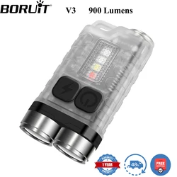 BORUiT V3 LED Keychain Portable 900LM EDC UV Flashlight Work Light Type-C Rechargeable Mini Torch with Magnet UV Pocket Lantern