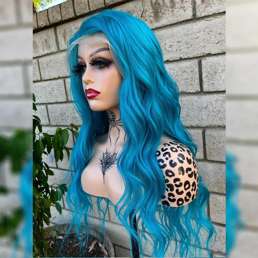 AIMEYA Hittebestendige Synthetische Pruik Blauwe Pruiken voor Vrouwen Natuurlijke Haarlijn Synthetische Kant Pruik Cosplay Party Lace Front Pruiken Gebruikt