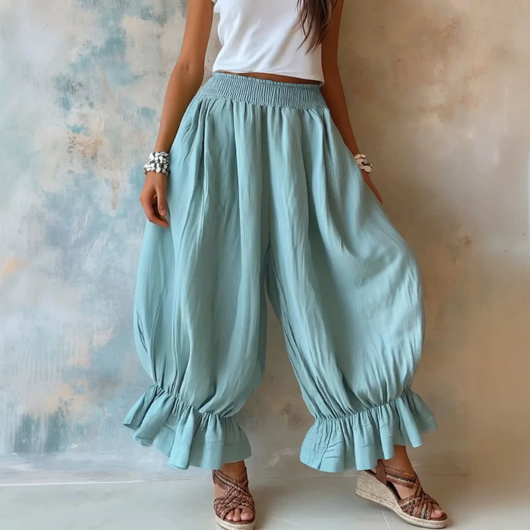 

Women's Solid Linen High Waist Ruffle Hem Loose Baggy Cropped Trousers For Women Long Pants Daily Street Vacation Clothing