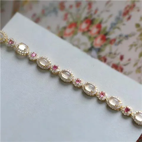 

Luxury High Fashion CC Moonstone Opal Jade Crystal Pink Gemstone Zircons Women Female Gold Zircons CZ Blue Gem Bracelet Jewellry