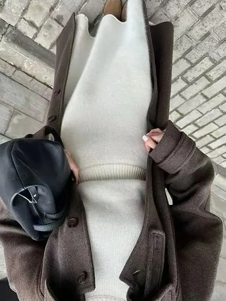 

HH женская мода винтажная шерстяная куртка с лацканами и длинным рукавом с поясом женская зимняя уличная повседневная однобортная длинная куртка с карманами