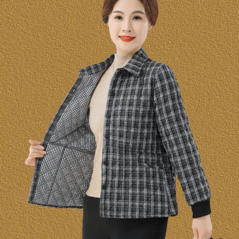 

Autumn Winter Light Loose Plaid Cotton Jaet for Mothers Middle-Aged Women Tagkita Brand Comfortable Warm Cotton Coat