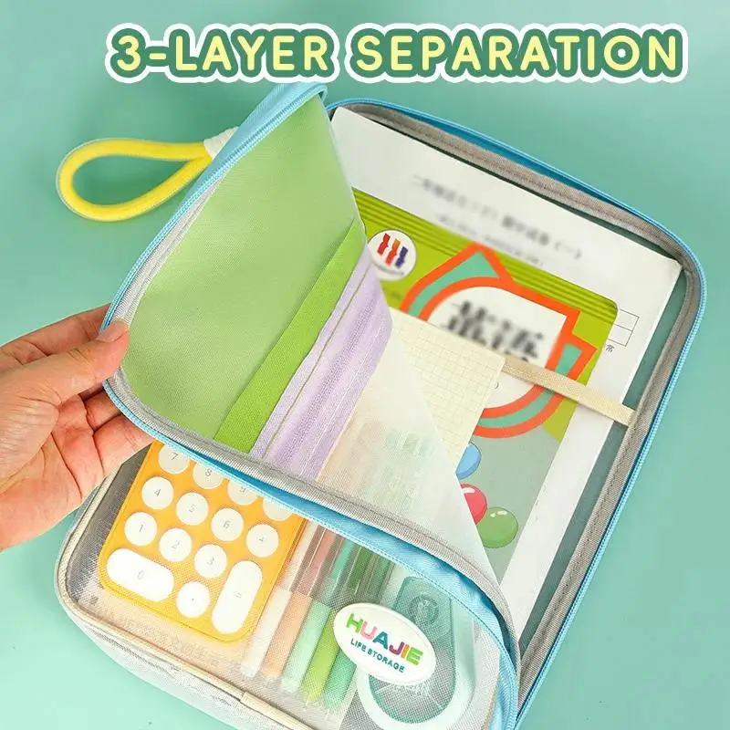 Student Handheld File Bag, Dopamine Color Tote, L-Shaped Zipper Mesh Folder, Exam Paper Storage And Subject Organizer