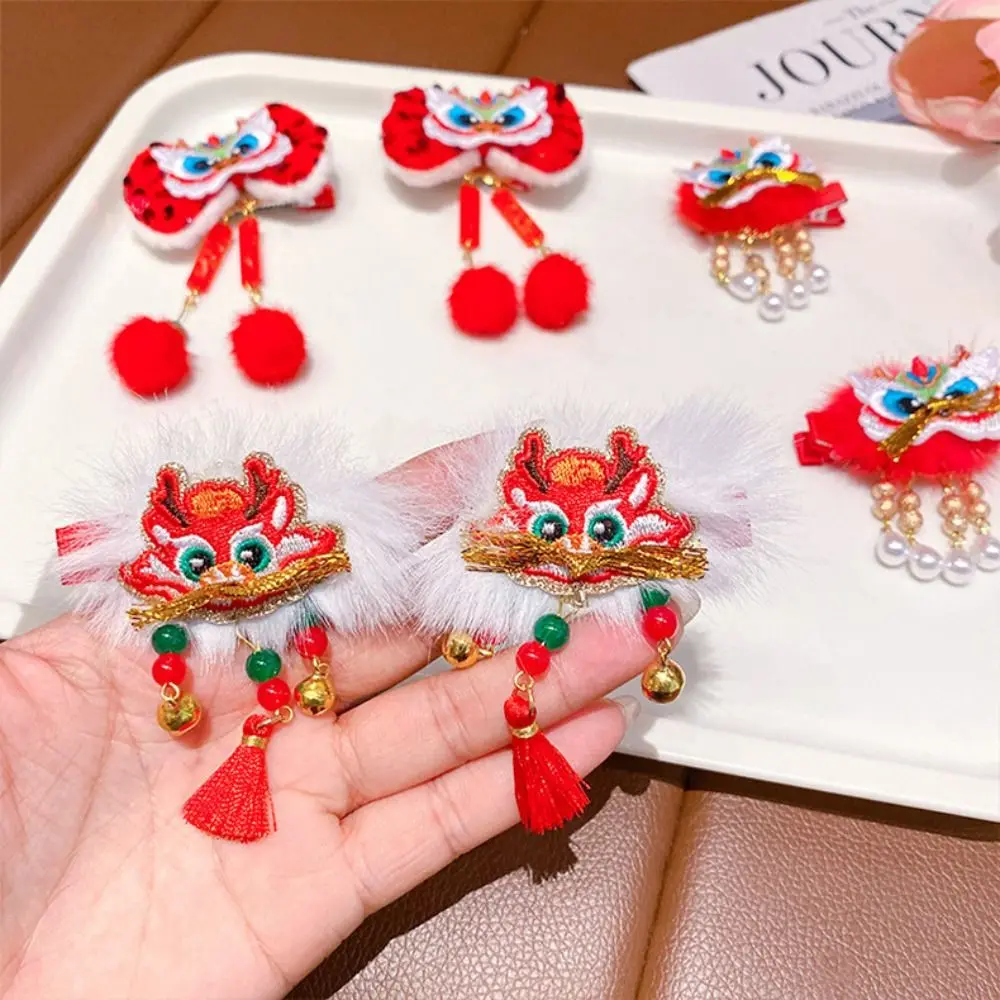 Bordado crianças vermelho hairpin leão dança borla ano novo chinês headwear menina acessórios para o cabelo do bebê hanfu grampo de cabelo