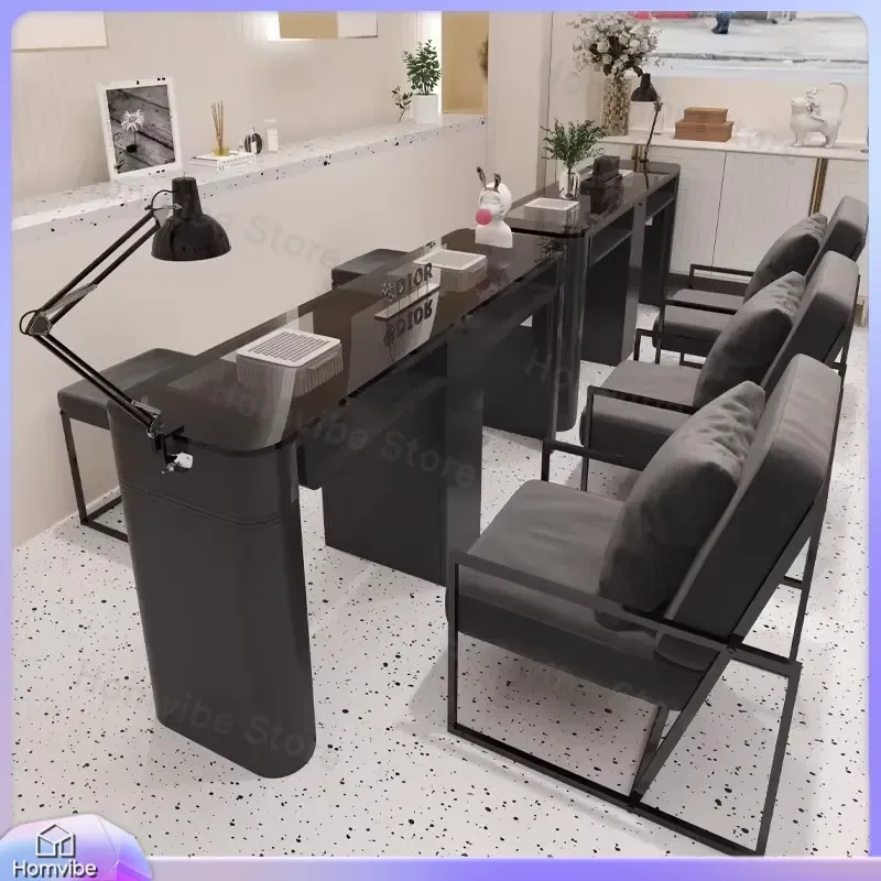 Luxury Black Glass Manicure Table Set with Chair and Vacuum Cleaner for Nail Salon Beauty Studio Professional Nail Art Desk
