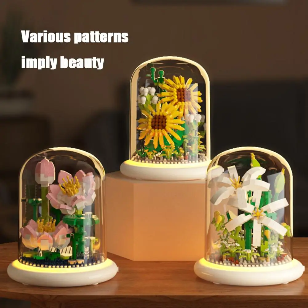 Children Creative Flower Building Block Kit Toys With Box Rotating Toy Puzzle Eternal Kid's Bouquet Flower Assembly Lights O4F6