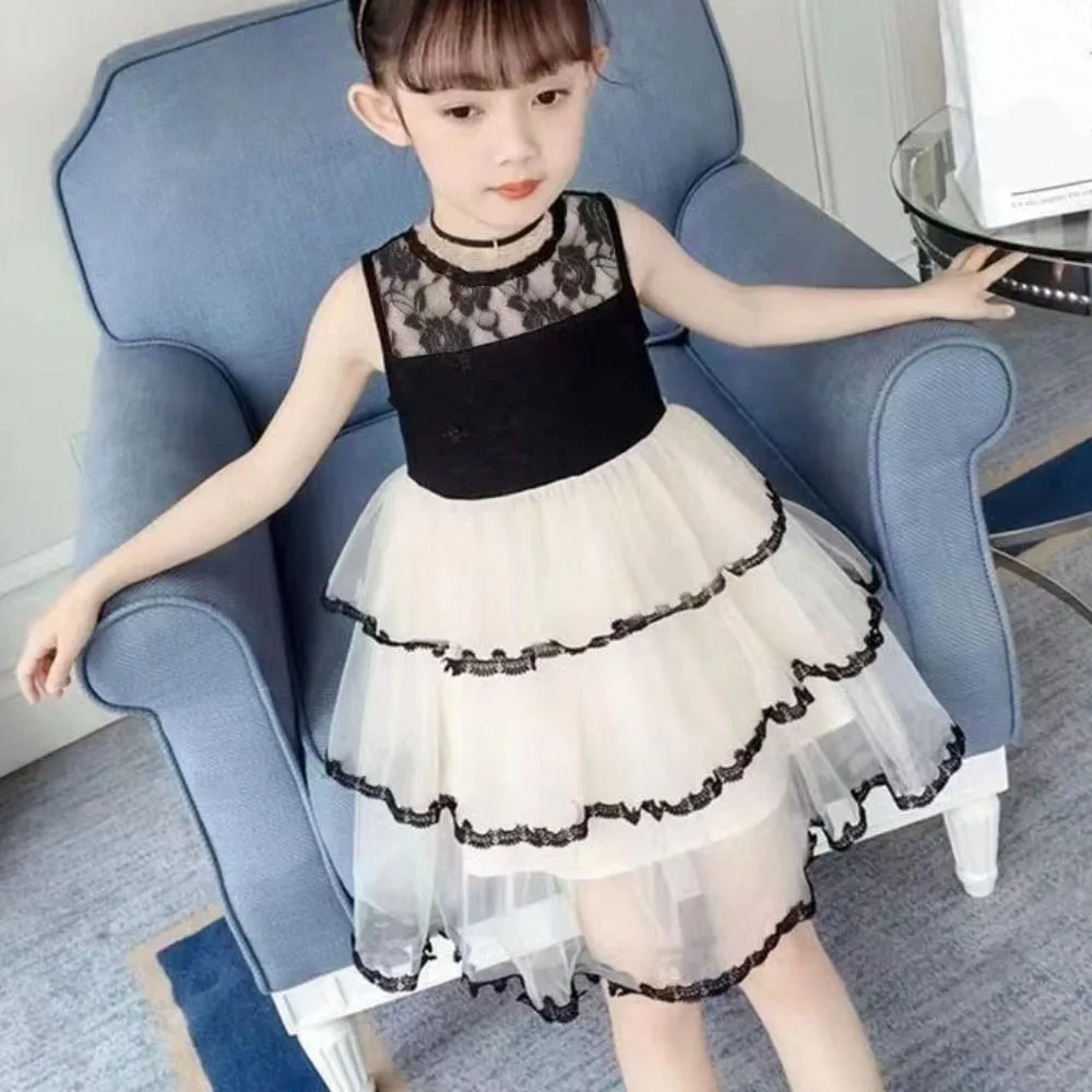 

Fashion Sleeveless Girls Princess Dress Teens Party Summer Lace Dress Beach Vacation Sweet Children Mesh Dress Students