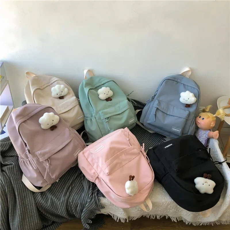 Solid Color Backpack Zipper Schoolbag + Cloud Pendant Large Girls Travel Bag College Female Laptop for Girls Schoolbags