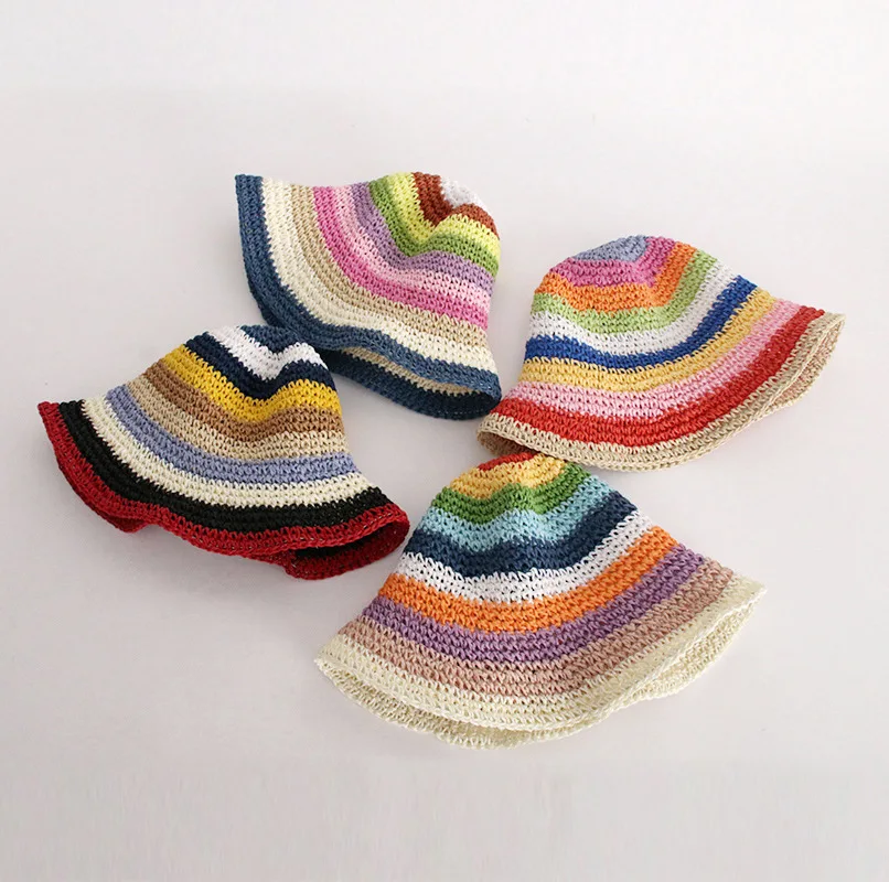 New Popular Summer Beach Bucket Hat Cap For Women Crochet Straw Rainbow Spring Fish Hat Outdoor Female Lady Gift Wholesales