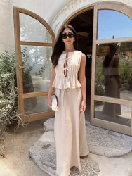 Fashion Lace Up Sleeveless Pleated Vest Suit Elegant Solid Women Skirt Set  2024 Lady White High Waist Long Skirts Dress Outfits