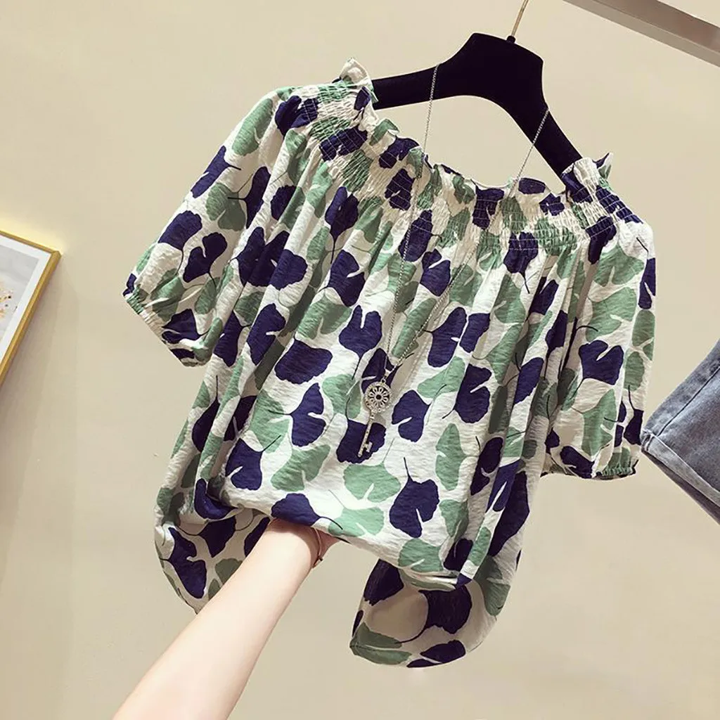 Womens Chiffon Button down Blouse Casual Women Tops Short Sleeve Loose Chiffon Shoulder Cold Printed Fashion Shirt with Pocket