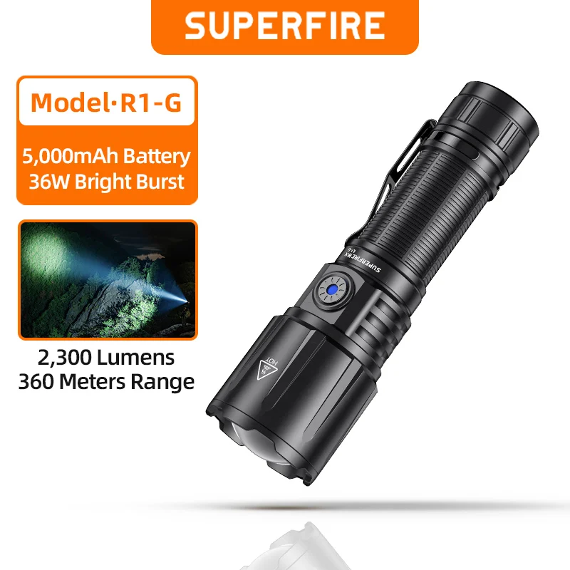 SUPERFIRE R1-G Led El Feneri USB C Şarj Edilebilir Ultra Parlak Zumlanabilir Taktik Torch 26650 Pil Su Geçirmez Kamp Feneri