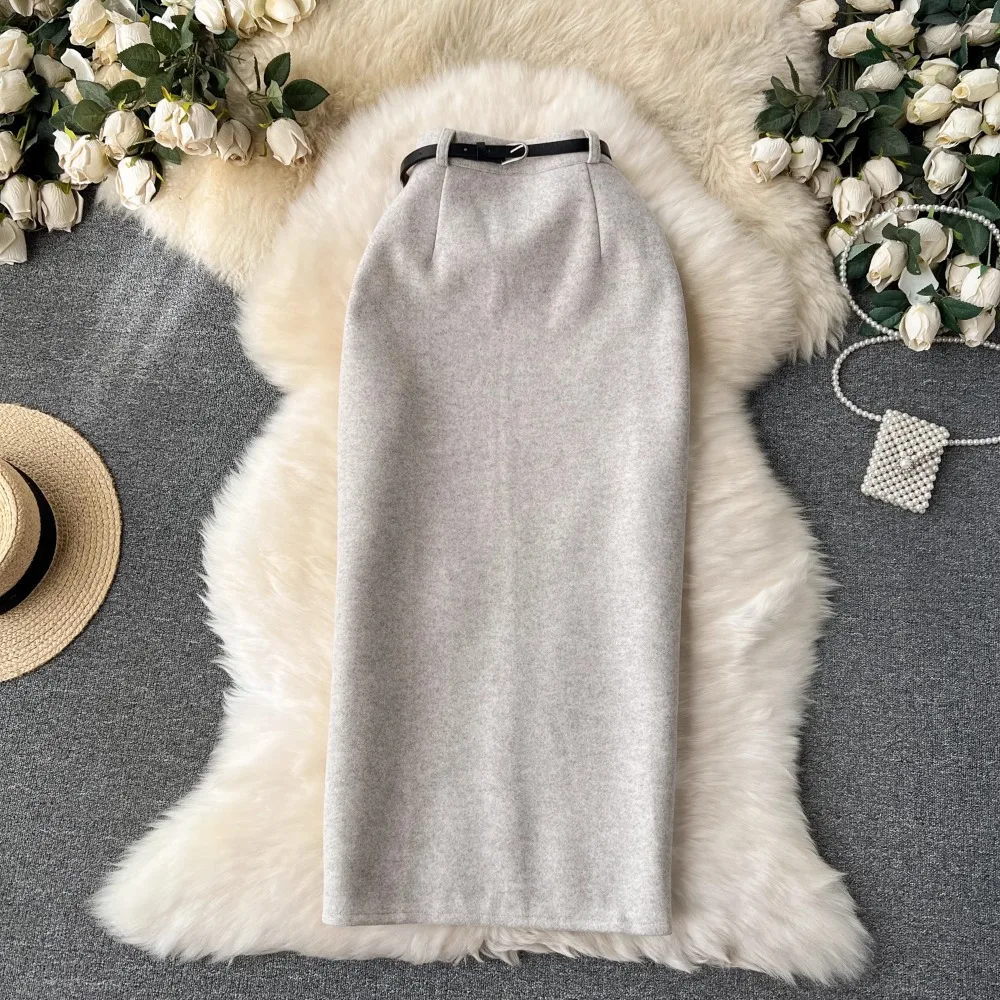 Neploe Korea Chic Woolen Hohe Taille Gürtel Faldas Elegante Alle-spiel Schlank Bodycon Rock Gerade Mid-länge Vent frauen Mujer Falda