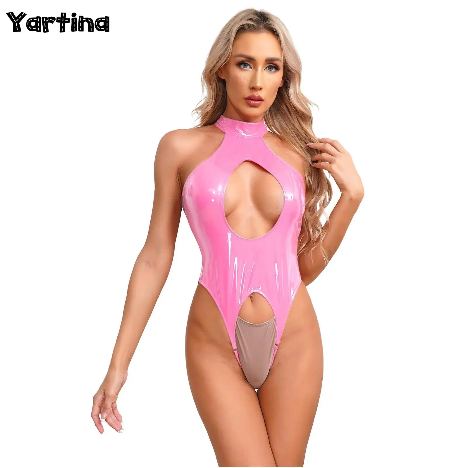 

Sexy Womens Lingerie One Piece Open Crotch Bodysuit Underwear Wet Look Patent Leather Crotchless Bodysuit Disco Rave Clubwear