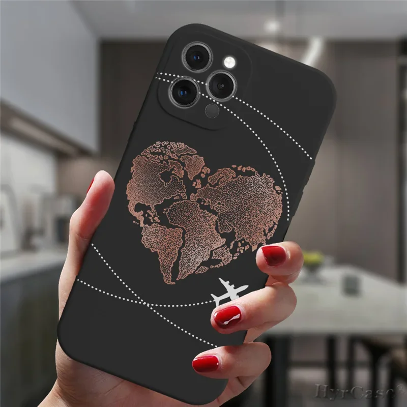 Earth World Map Plane Couple Phone Case for iPhone 16 15 14 13 12 11 Pro Max Mini SE Matte Silicone Soft Paried Cover Fundas Bag