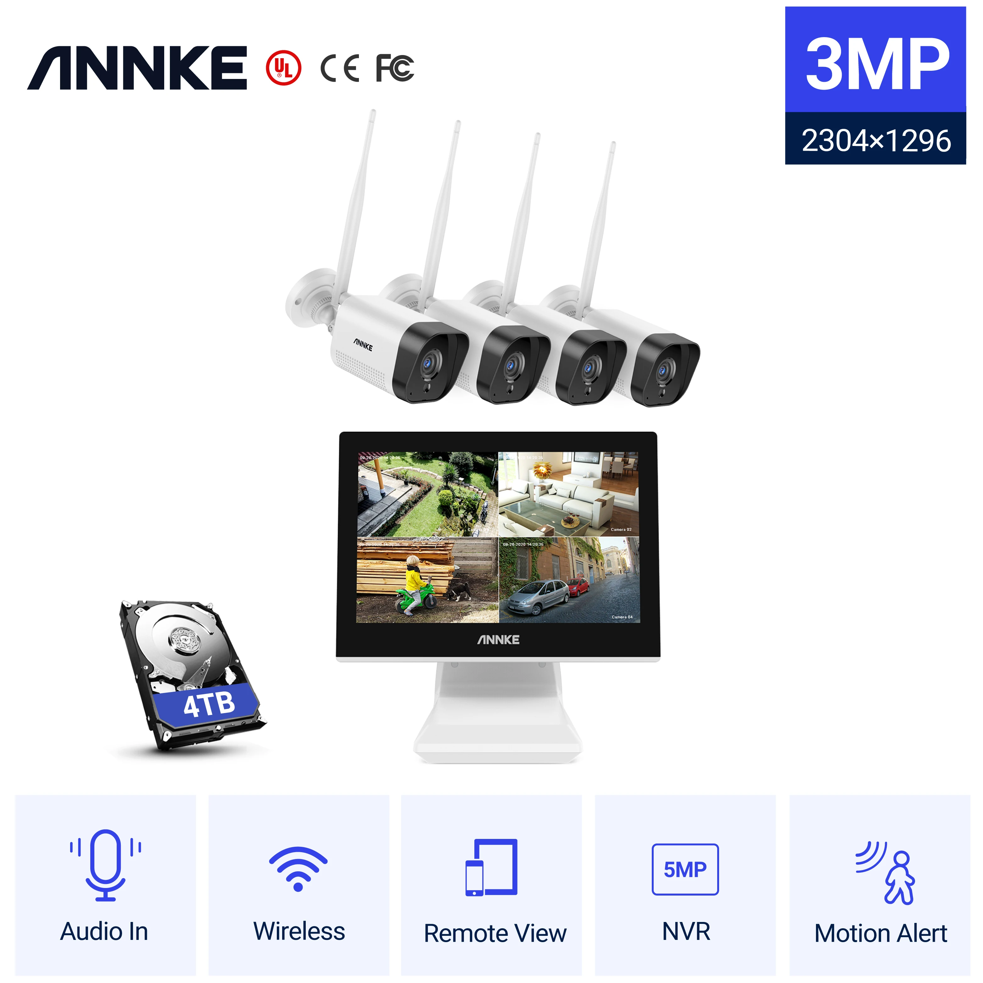 

SANNCE 4CH Wireless 3MP NVR Kit FHD 7" LCD Monitor Security 3MP WIFI Camera CCTV Camera System Bulit-Mic Plug-and-Play Alexa