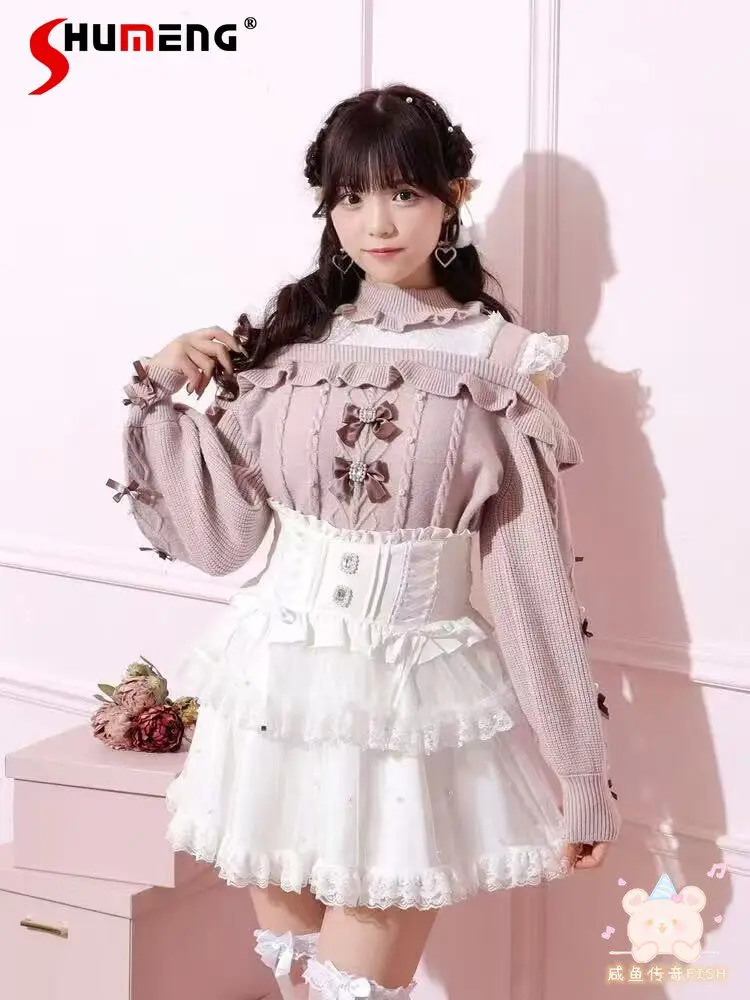 

Японский стиль, серийное производство, женский вязаный свитер-пуловер в стиле Лолита с кружевом, открытыми плечами и длинными рукавами, универсальный, для милых девушек