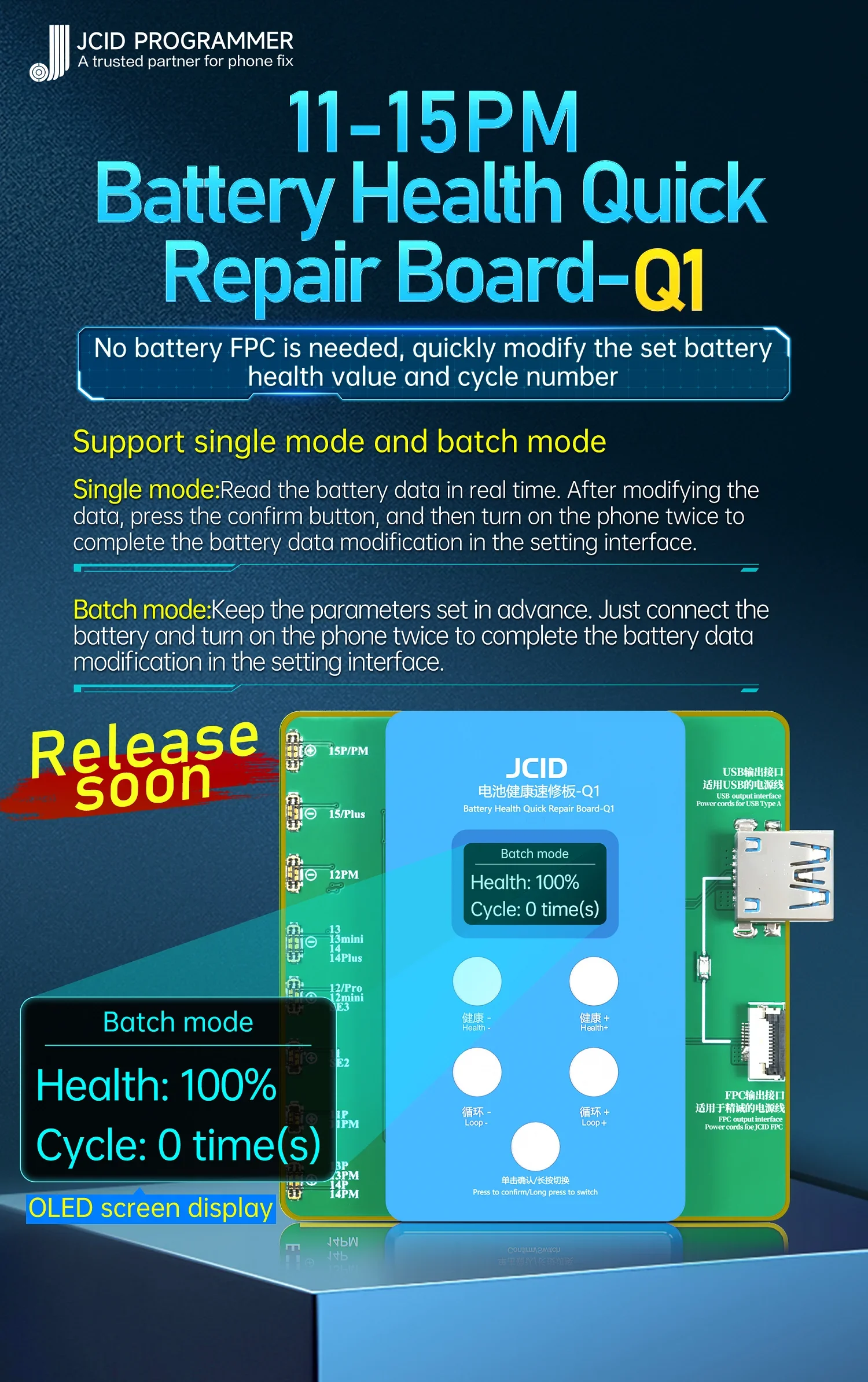 JCID-calibrador de placa de reparación rápida de batería Q1 para IPhone 11, 12, 13, 14, 15 PM, Ciclo de datos de batería, herramienta de mejora de