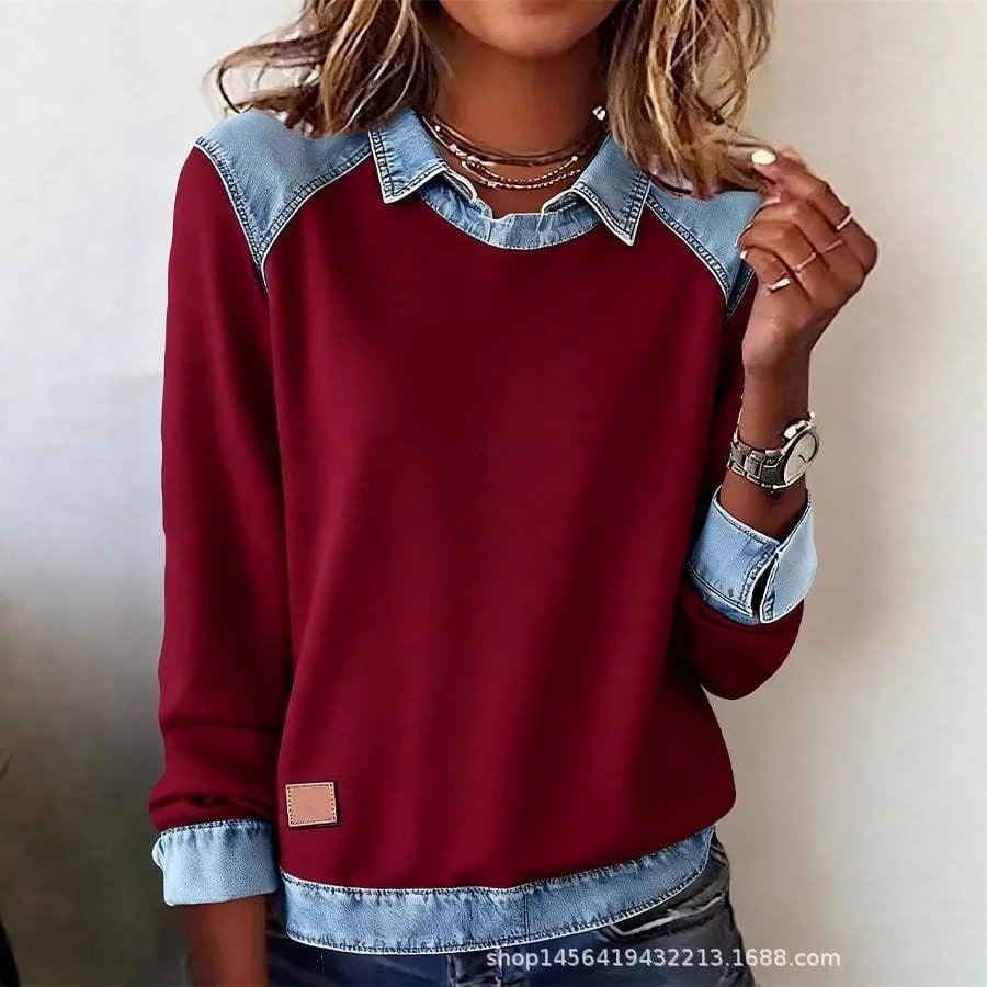 Patchwork Pullover Top Regular Length Streetwear with Long Sleeve Women Top Irregular Hem Notched Collar Standard Length