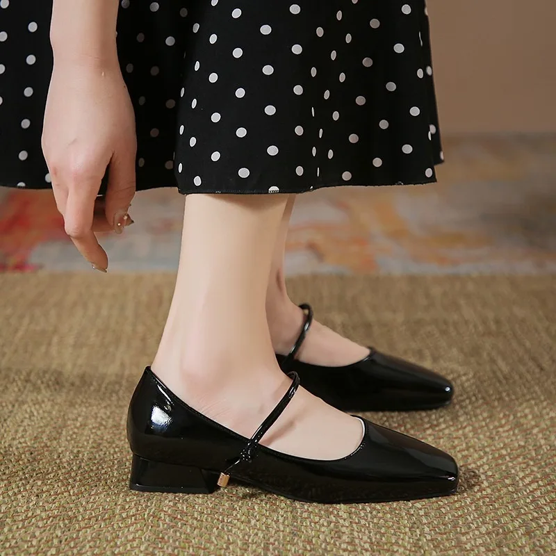 High Heels French Dress Party Shoes for Woman Platform Patent Leather Mary Jane Burgundy Black Square Toe Mid-heel Pumps 2024