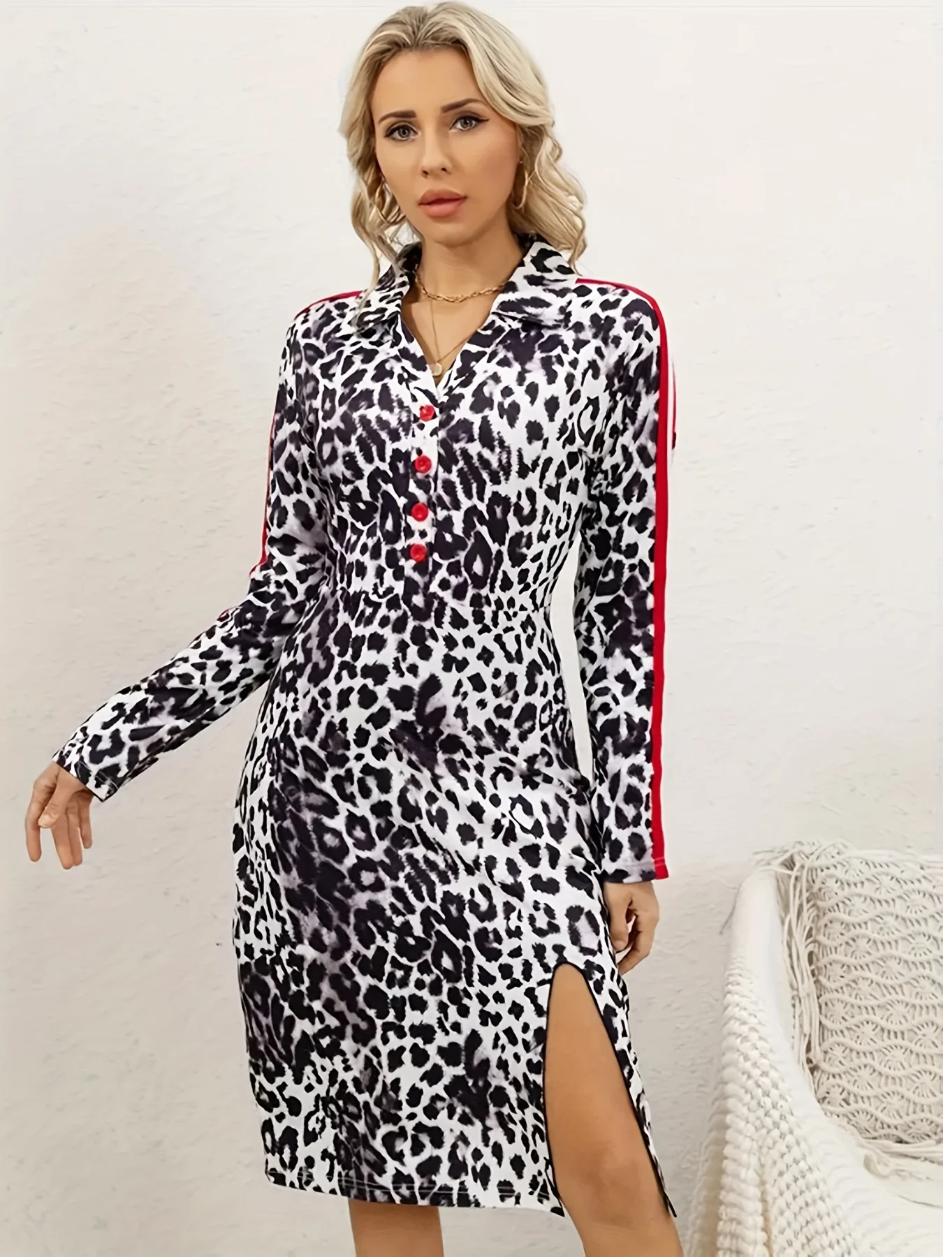 ポロカラー レオパード柄 リボン Vネック 春、秋、冬 薄手 長袖 Tシャツワンピース レディース ボタン留め ボディコン ミニスカート 秋冬 レオパード柄ワンピース レディースファッション 新作 セクシー ボディコンスカート スリム インナー スカート ベーススカート