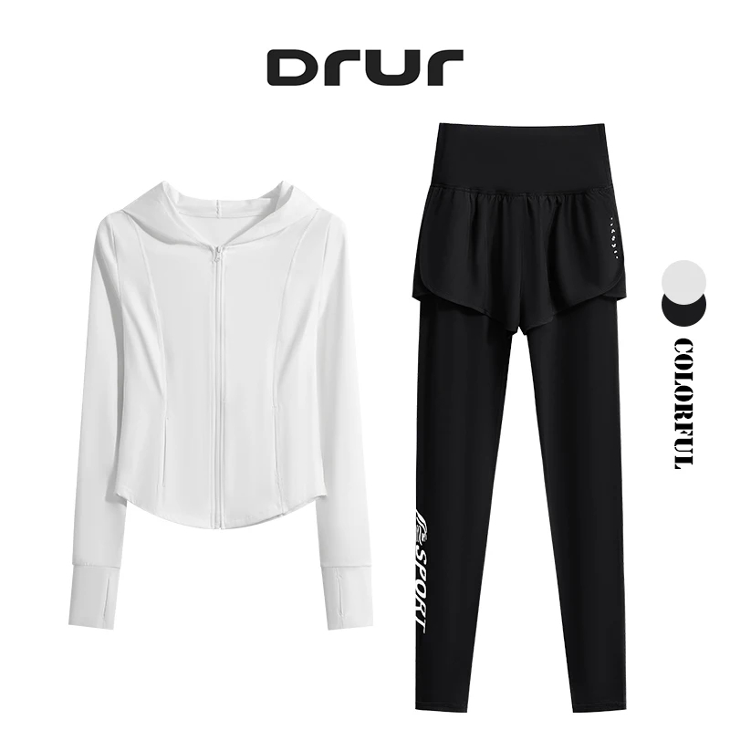 DRUR 2pcs Sport Pant Sets Woman Tracksuit Long Sleeve Hooded Yoga Jackets Leggings Set Women Sportswear Jogger Running Outfits