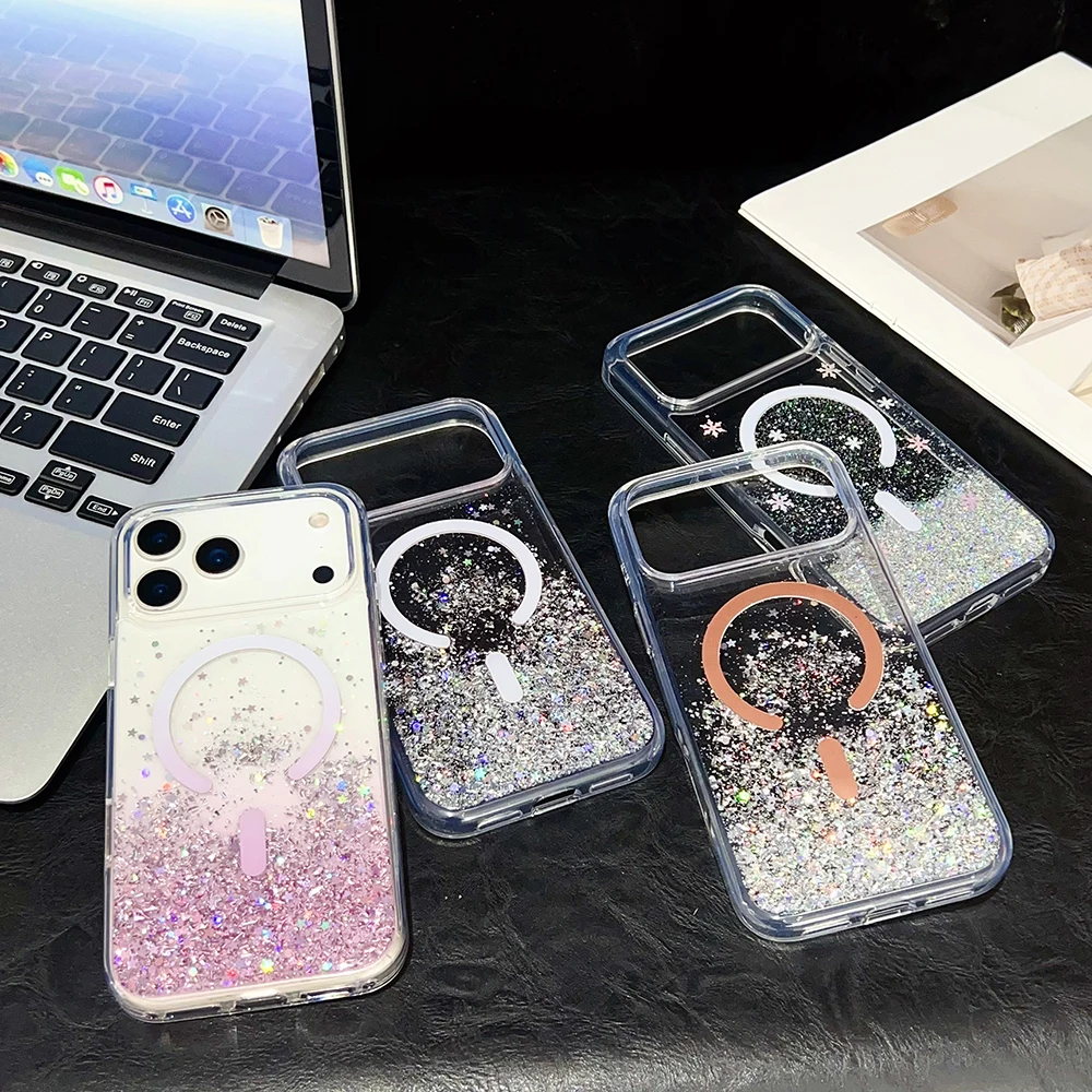 

For iPhone 17 Air Pro Max Case Magsafe Glitter Sparkly Vacuum Epoxy Process Never Peeling Off Sturdy Hybrid Cover Shell