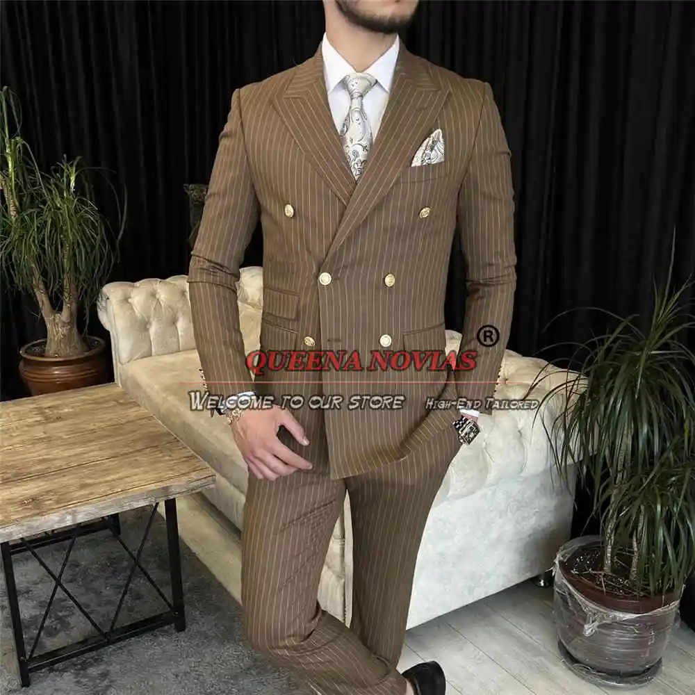 Traje a rayas para hombre, traje Formal de negocios, ropa de oficina, conjunto de Blazer de doble botonadura, ropa de moda masculina, pantalones de chaqueta hechos a medida, 2 piezas