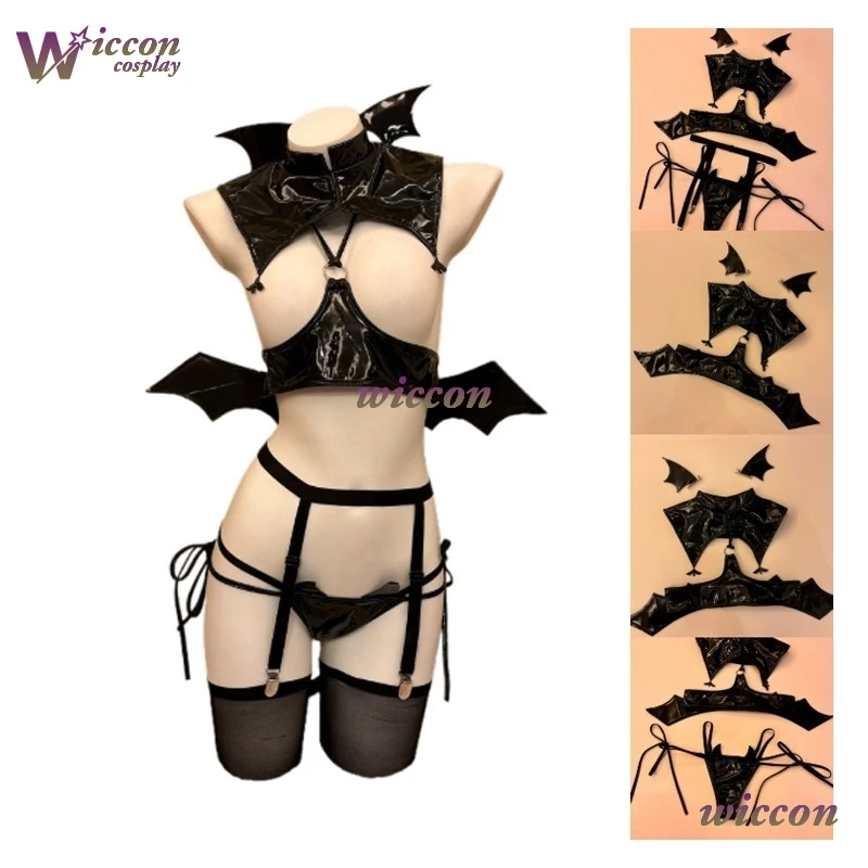 Moe/  Halloween Women Rivet Straps Devil Wings Bra Underwear Dark Night Demon Leather Unifrom Pajamas Outfits Costumes Cosplay