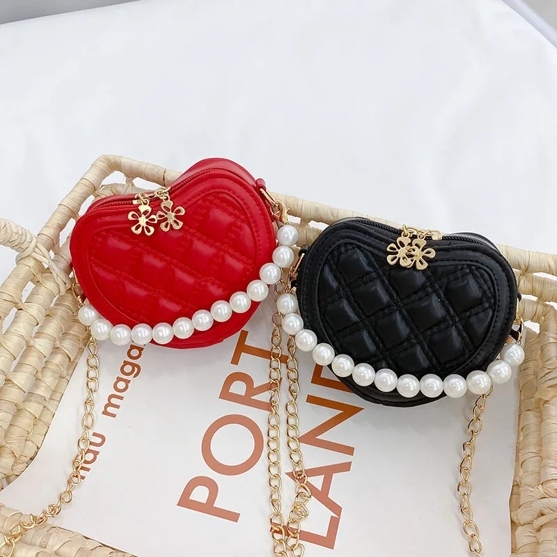 Mini Coin Wallet Pouch Pearl Handle Girls Shoulder Bag Princess Hand Bags Kids Purses Cute Children's Heart-shaped Crossbody Bag